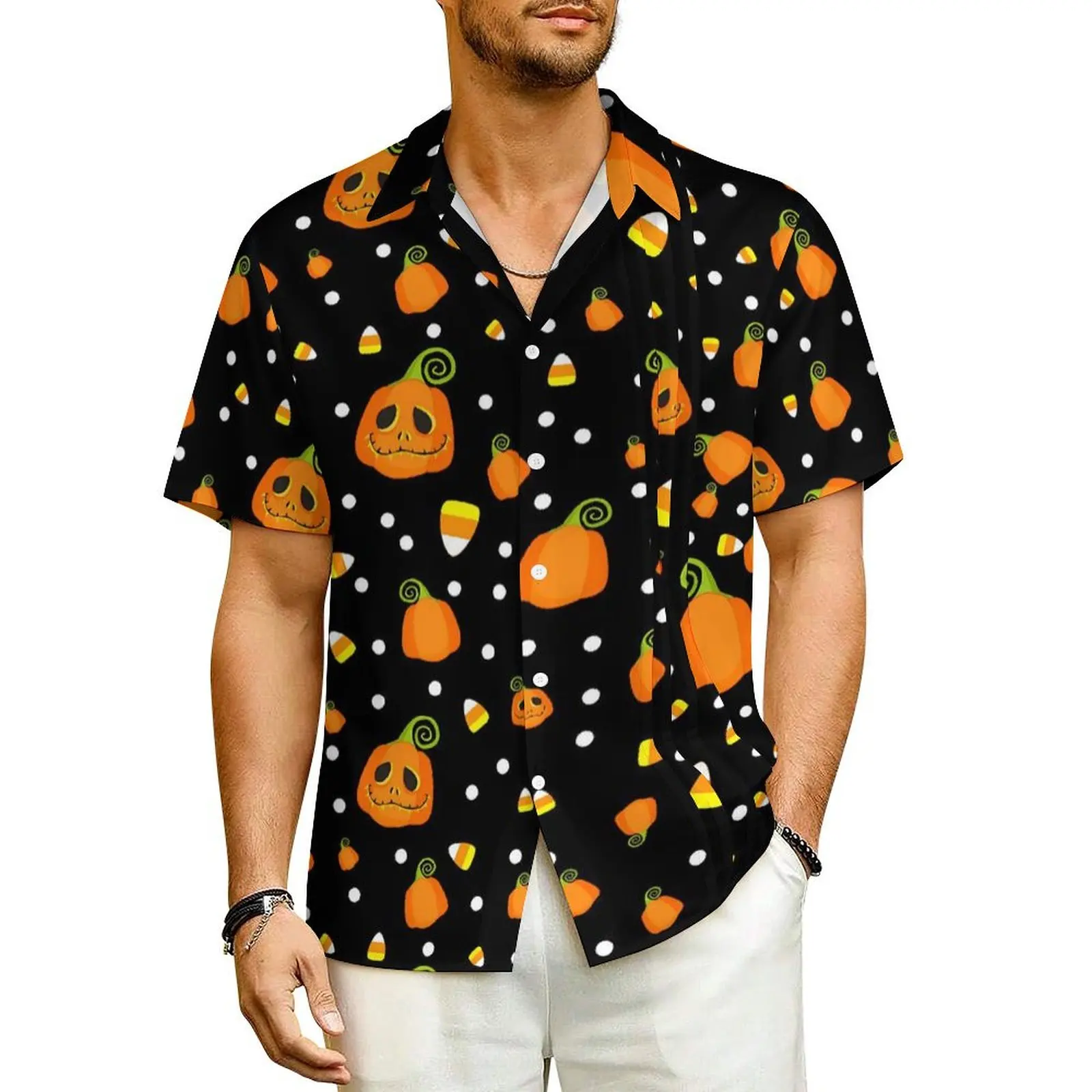 

Причудливая гавайская рубашка с тыквой для мужчин, веселая Повседневная рубашка для отпуска на Хэллоуин, винтажные блузки большого размера с короткими рукавами в стиле Харадзюку