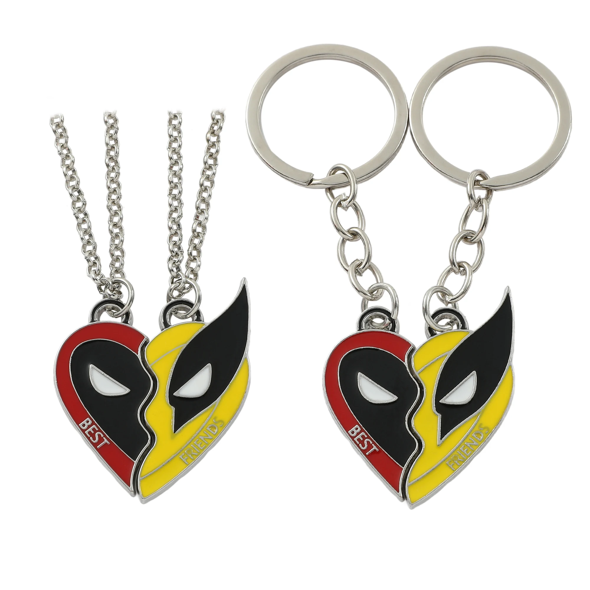 2pcs Deadpool & Wolverine Necklace Keychain Best Friends Set Split Heart Matching Pendant Keychain for Fans Accessories Gift