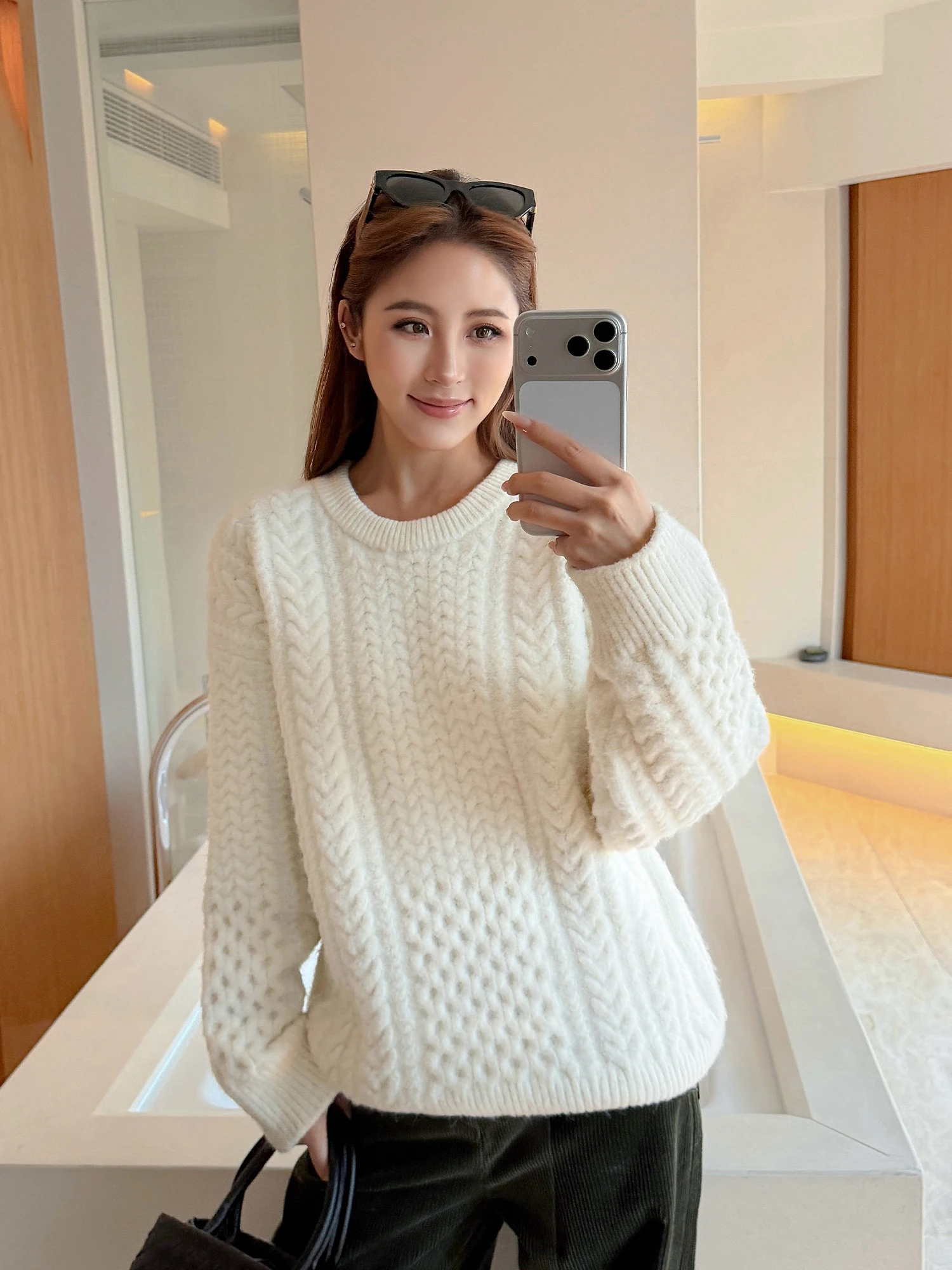 

NEVA HU Jeju Orange Knitted Sweater Women's Loose round Ne Pullover Casual Sle Twist Knitwear Polyester Fiber Long Sve