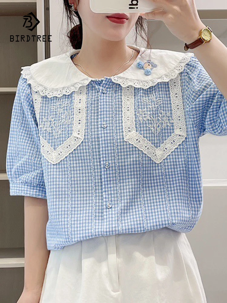 

New Spring Cotton Embroidery Plaid Shirt Women Lapel Half Sleeve Sweet Tops Girl Loose Versatile Blouses 2024 Autumn T44850QC