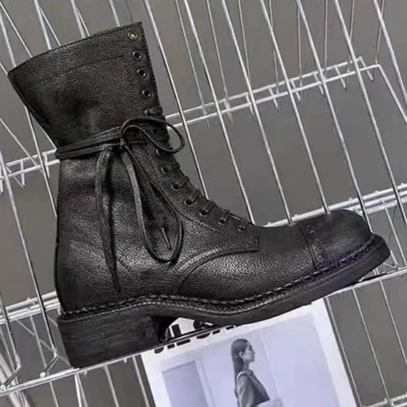 New Maillard Leather Shoes Women Ankle Boots Girl Trend Lace-up Motorcycle Boots Rock Punk Fashion Low Heel Shoes Spring Autumn