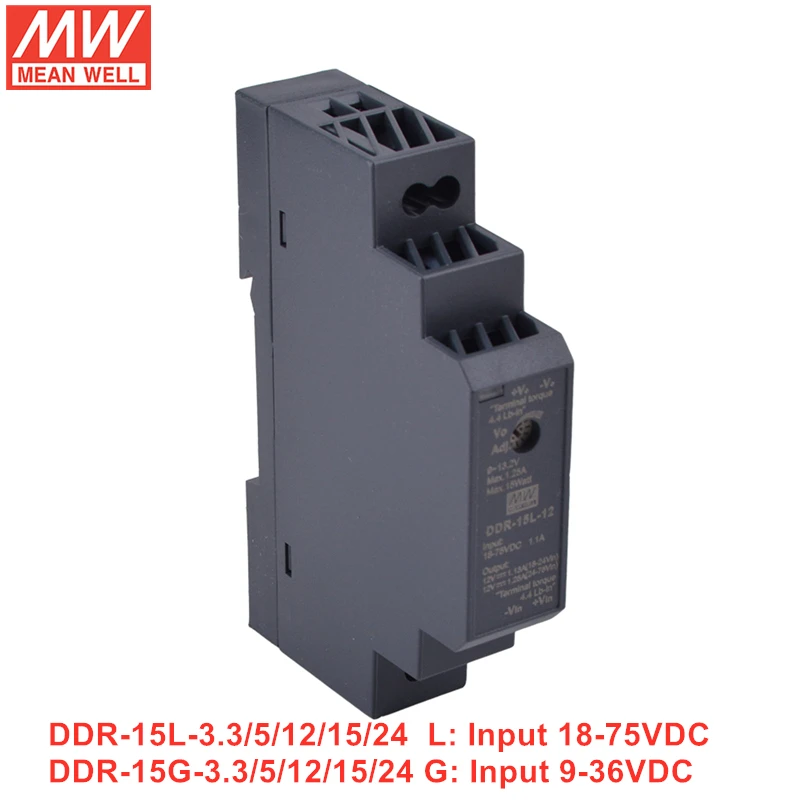 MEAN WELL DDR-15 Series Power Supply 15W Slim DIN Rail DC-DC Converter DDR-15L-3.3/5/12/15/24 DDR-15G-3.3/5/12/15/24