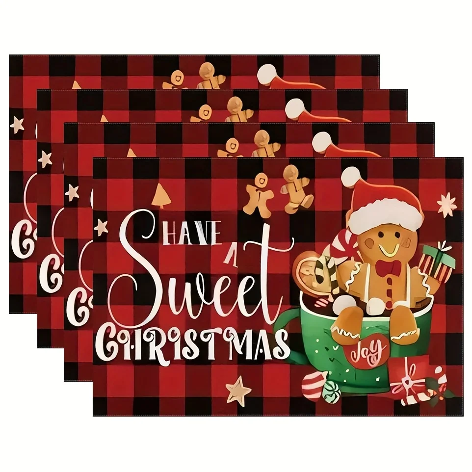Buffalo Plaid Gingerbread Mug Printed Placemats Heat Resistant Kitchen Dining Room Christmas Event Casual Winter Meals Decor