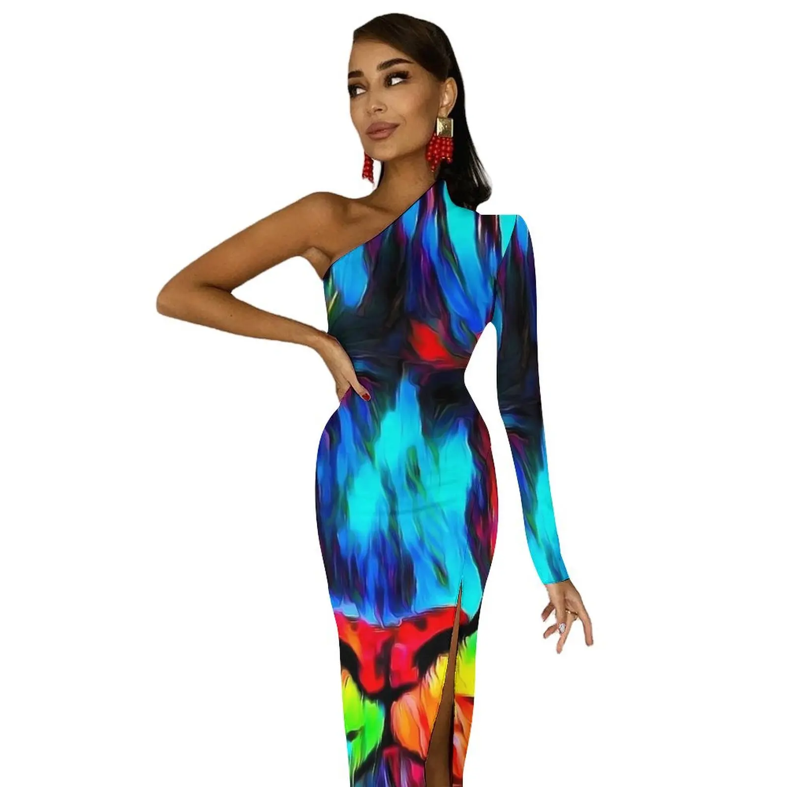 Tger Look Art Painting Bodycon Dress Summer Abstract Animal Retro High Slit Long Dresses One Shoulder Custom Aesthetic Dress