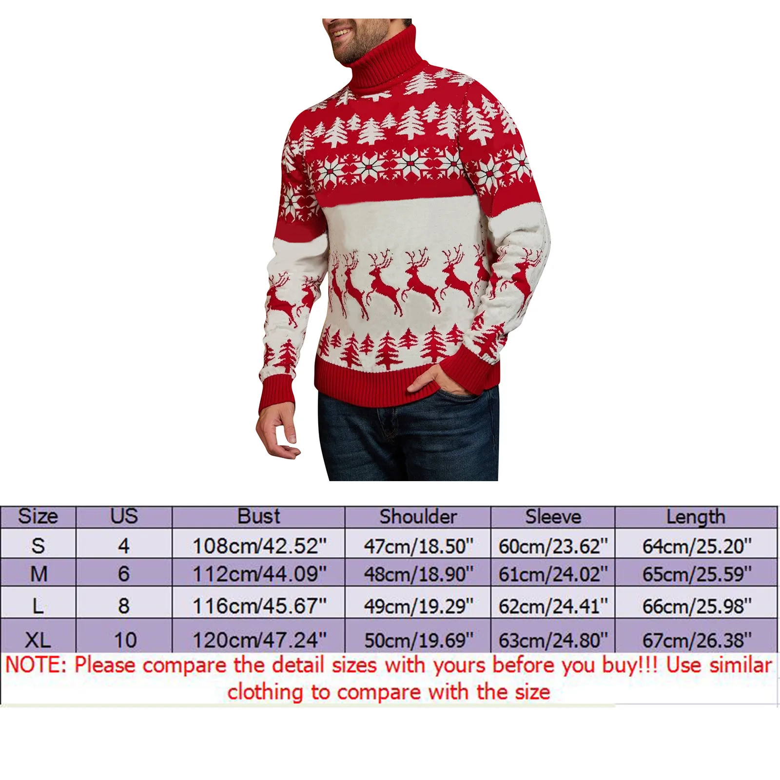 Men Turtleneck Christmas Sweater Casual Xmas Tree Elk Print Pullovers Christmas Theme Knitted Sweaters Autumn Winter Men Clothes