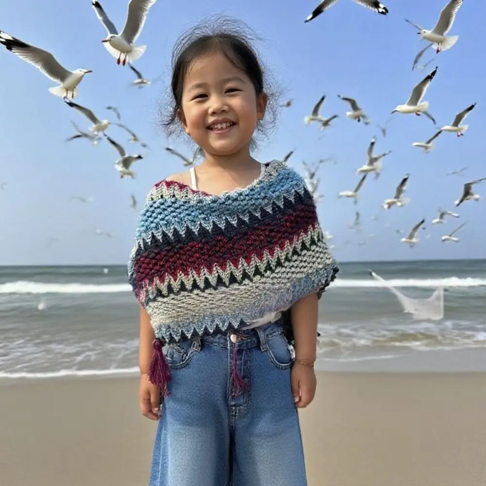 Fashion Winter Warm ' Mongolian Poncho Striped Ethnic Style Cardigan Tassel Shawl Artificial Wool Knitting Wraps For Children