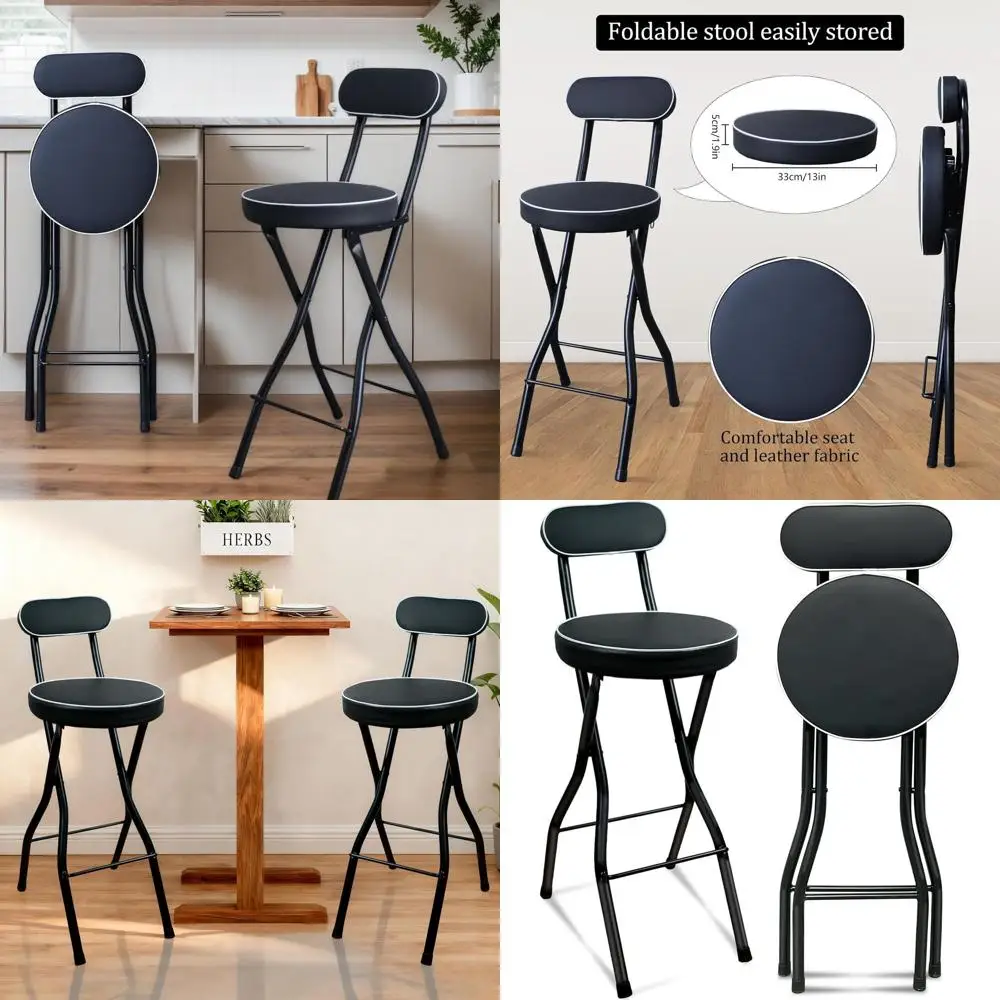 مقعد أسود قابل للطي مع مسند ظهر، مقعد مبطن لاستخدام جزيرة المطبخ وارتفاع العداد