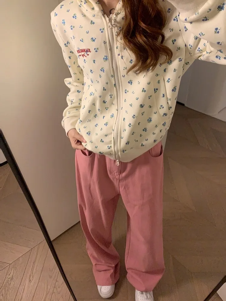 アメリカンレトロ花柄フード付きジャケット女性特大カレッジカーディガンスウェットシャツ秋冬ルーズカジュアル長袖トップ