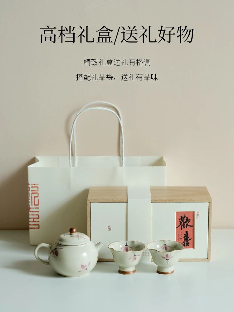 Grass and Wood Gray Ceramic Teapot Hand Painted Pink Orchid Tea Making Device Household Minimalist for Niche One Person Little