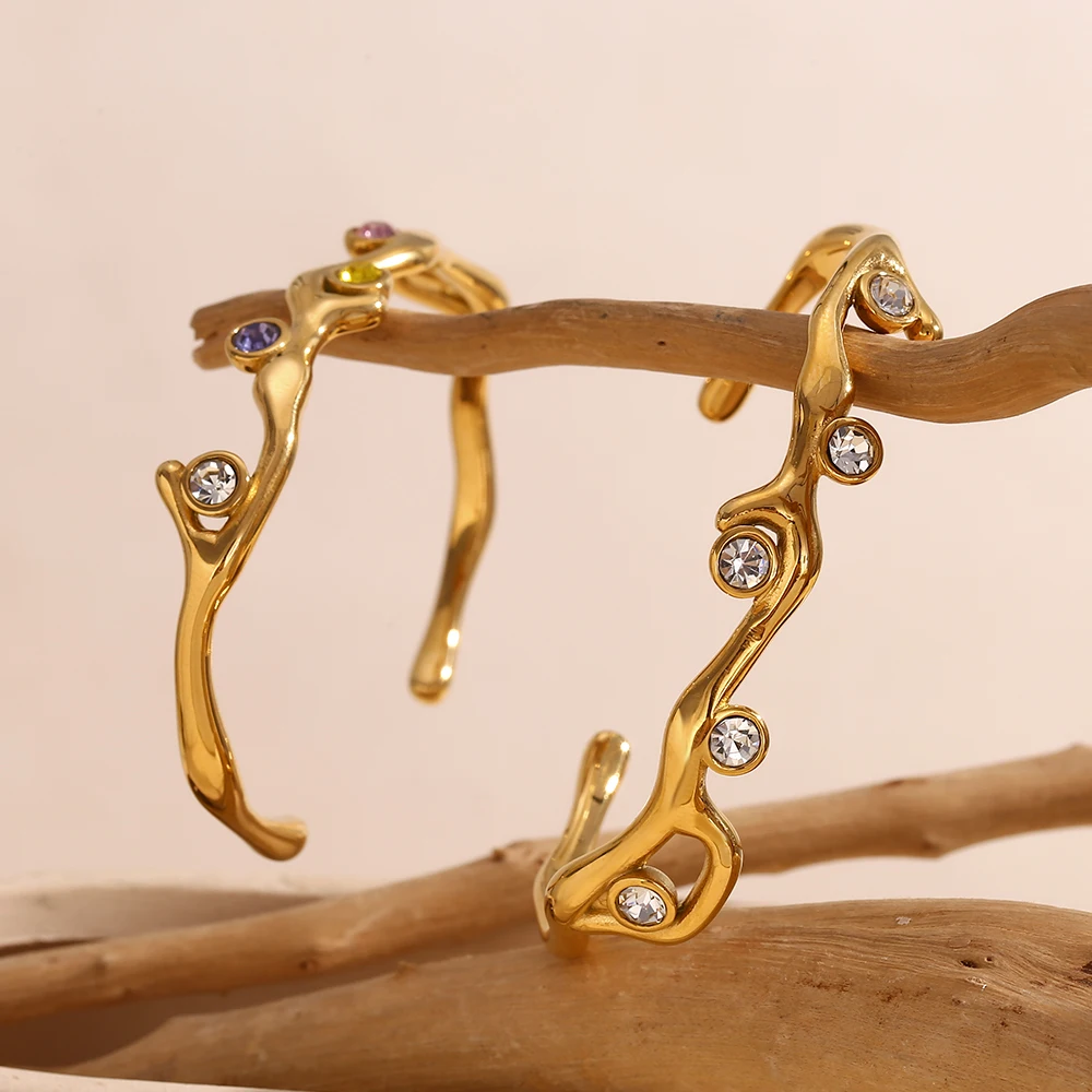 E.B.belle Elegant Shiny Leaves Branches Crown Cuff bracelets 18K Gold Plated bangles trendy women\'s stainless steel jewelry