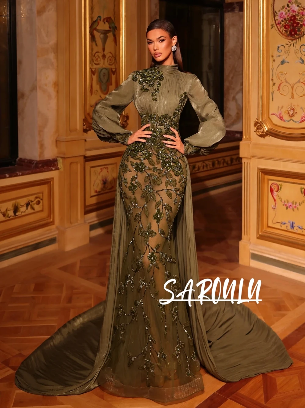 

Elegant Floral Mermaid Evening Dress With Flowy Train Sexy Tulle Sequined Cocktail Gown Customized High Neckline Glamorous Wear