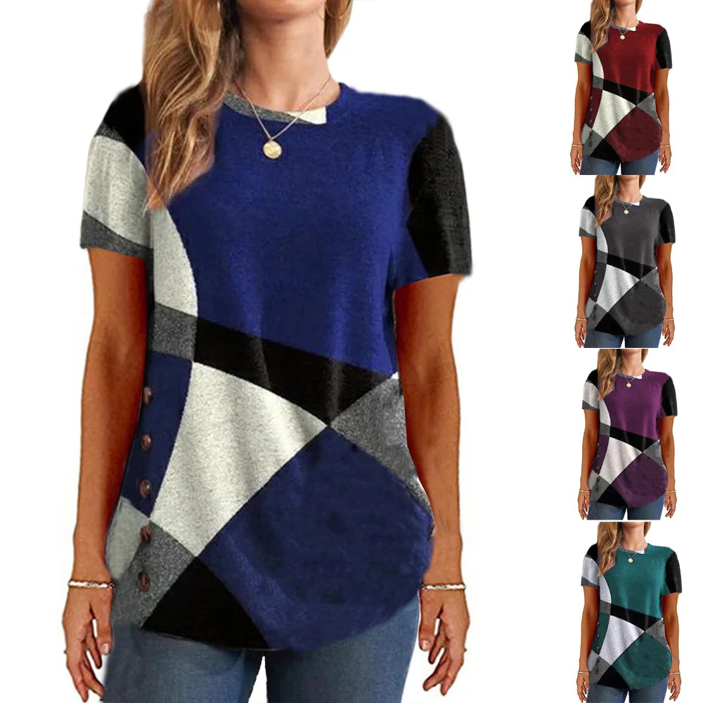 

New Summer Vintage Patchwork Women's T-shirt short Sleeve O-Neck All-match Tops Loose