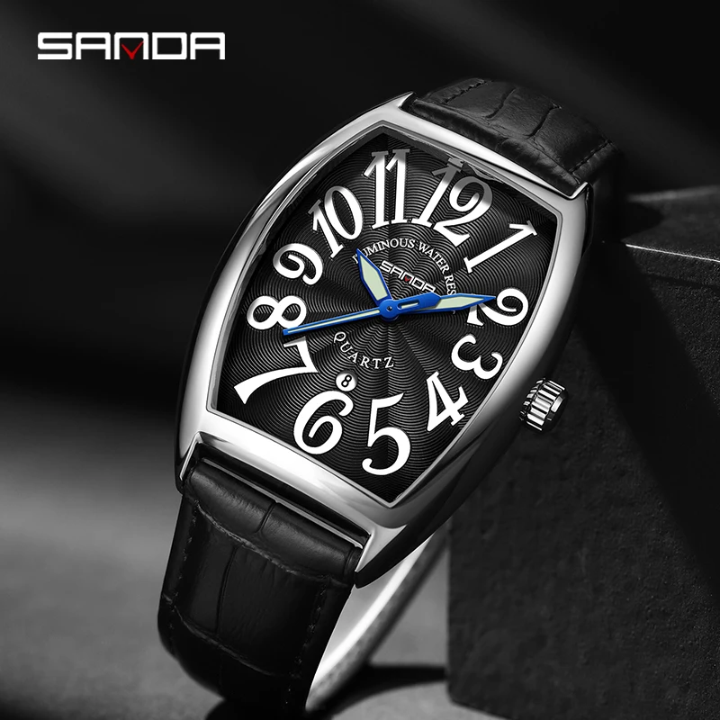 SANDA Fashion Simplicity Leather Strap Quartz Men\'s Wristwatch Waterproof Barrel Shaped Dial Design Business Clock Men\'s Watch