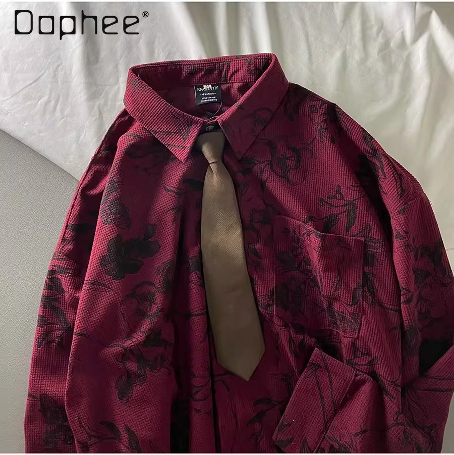 

2026 Spring and Autumn New Japanese Retro Style Men's Loose Casual Daily Red Floral Long Sleeve Thin Shirt with Tie
