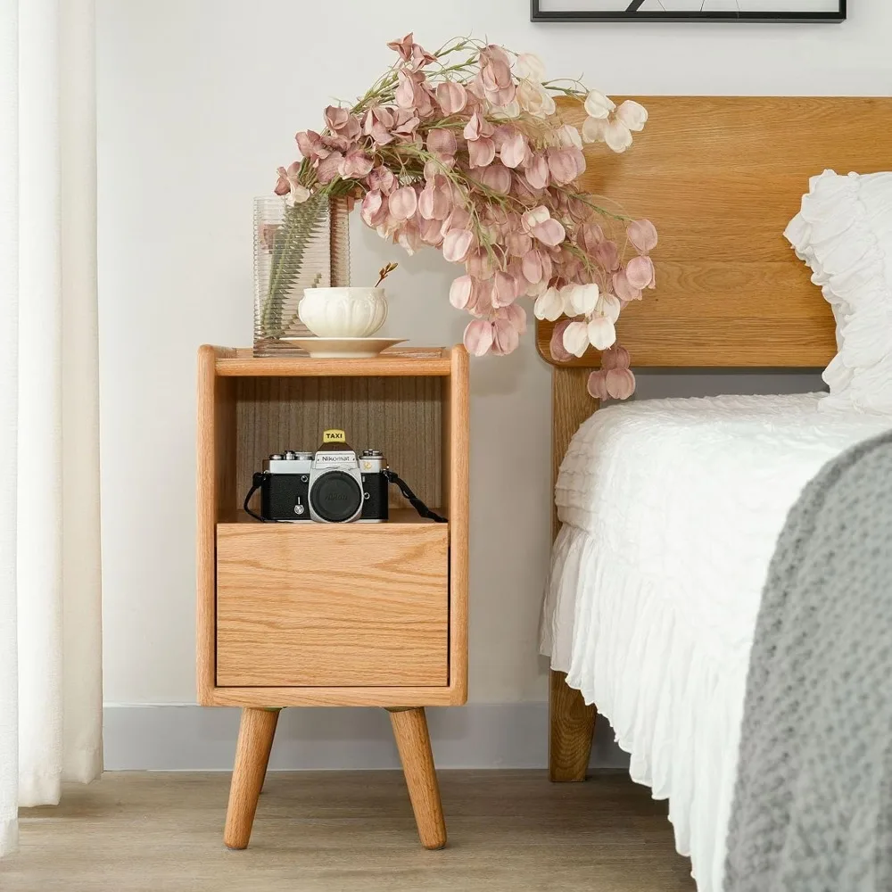 Solid Wood Nightsatnd with One Drawer & Open Shelf, Mid Century Modern Nightstand, Durable & Sturdy Small End Table