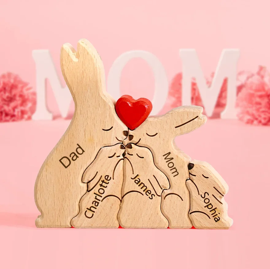 Free Engraving Animal Family Wooden Puzzle Custom Christmas Gift Rabbit Sculpture Personalized 2-6 Names Family Birthday Gift