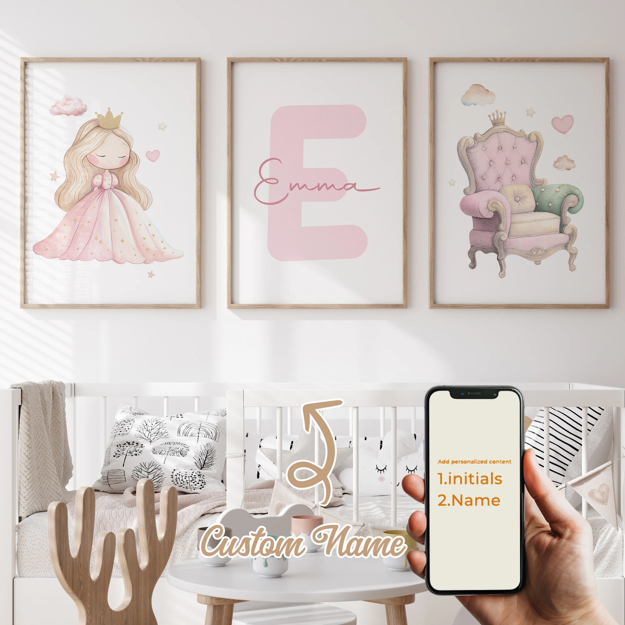 Impresión artística de pared de princesa rosa de dibujos animados con nombre personalizado, cuadro en lienzo, póster, pintura para decoración del hogar y la sala de estar, 3 uds.