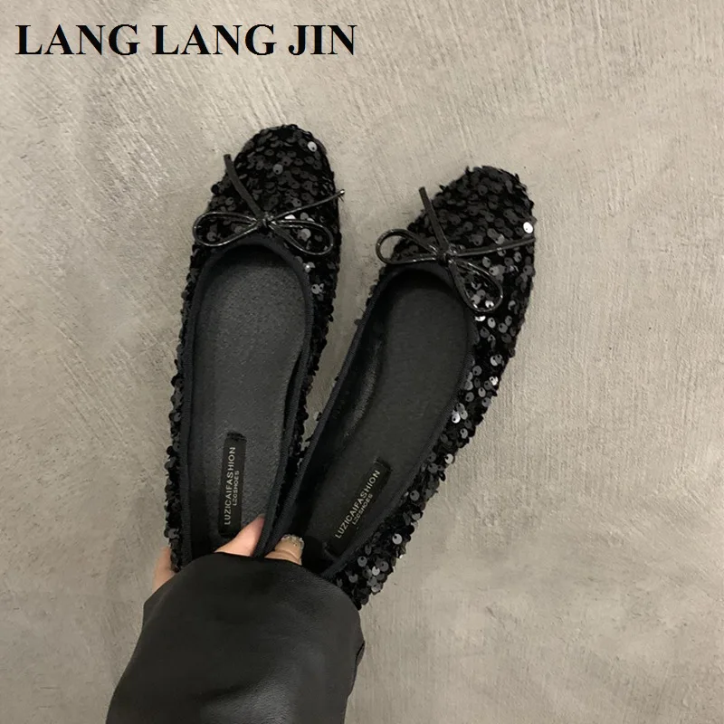 2023 New Autumn Bling Sequin Classic Ballet Shoes Women Round Toe Bowtie Ballerinas Casual Slip On Flats Elegant Valentine Mujer