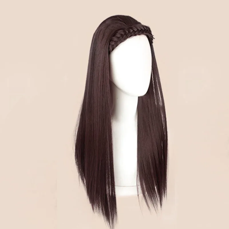 U-shaped half head cover, deep brown long straight hair and pigtail design wig, easy to match for daily use