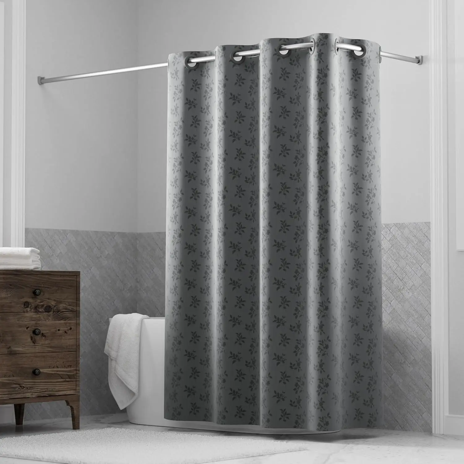 It's A Snap! Jacquard Shower Curtain, 3-in-1 Curtain Includes Fabric Shower Curtain with Flex-On Rings & Fabric Liner wi
