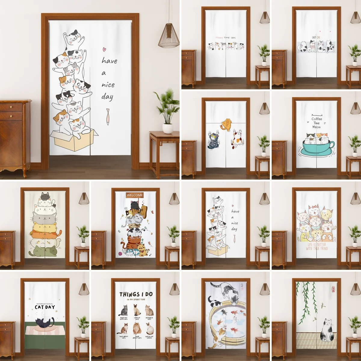 Hand Painted Funny Cats Japanese Door Curtain Cabinet Curtain Living Room Bedroom Decor Partition Feng Shui Half