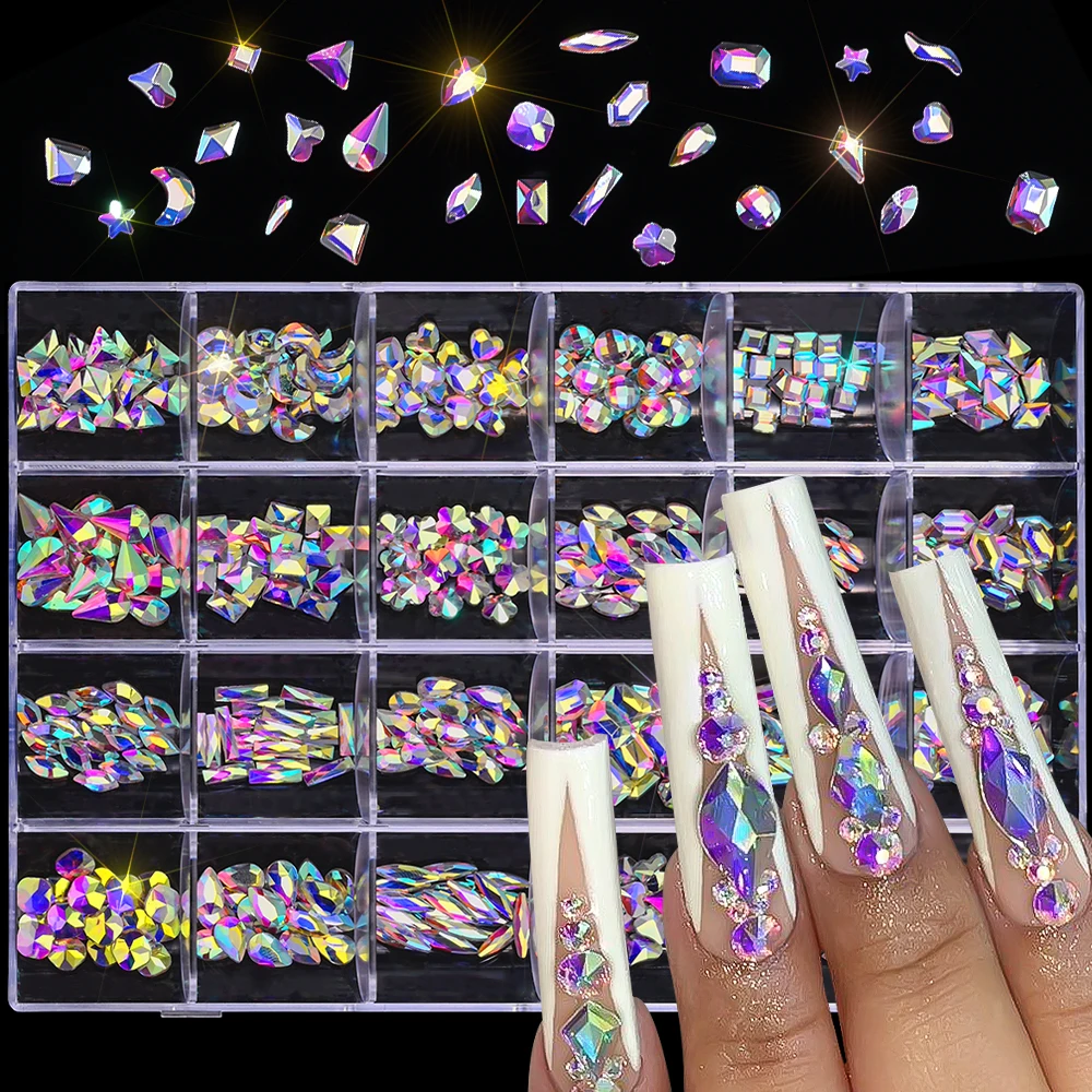 480pcs AB Flatback Mixed-Shaped Nail Art Charms 3D Aurora Sparkly Water Drop/Star/Heart Rhinestones Manicure Decor Gems Diamonds