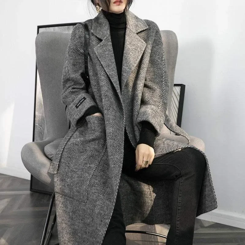 Herringbone High-end Sense Super Good-looking Double-sided Woolen Coat Medium and Long Thickened Retro Overcoat Women's Clothing