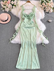 Foamlina Vintage Evening Party Socialites Women's Sling Dress Satin Hollow Out Backless Slim Fit Long Suspender Dress Holiday