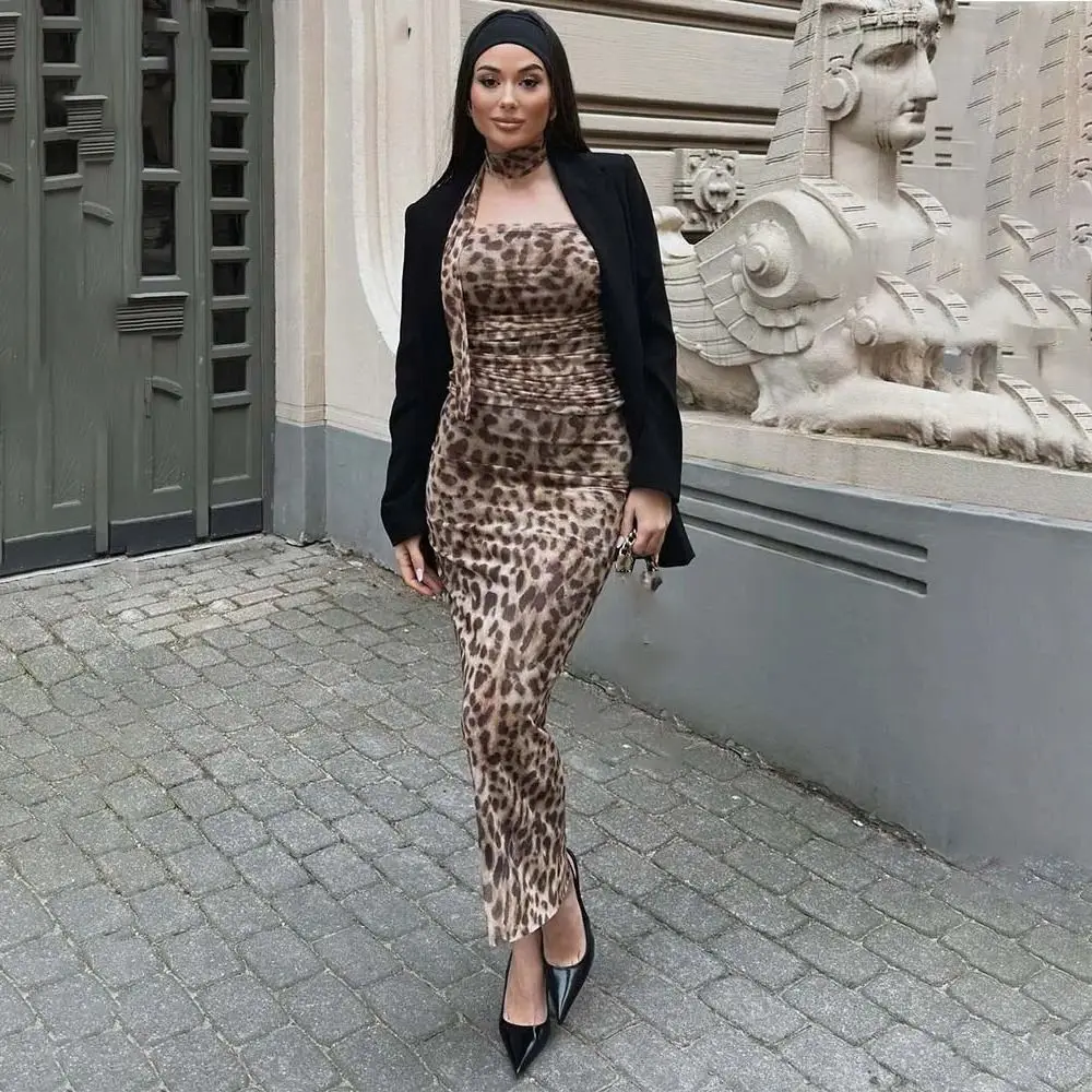 Mode Tule Luipaard Geplooide Top Intage Sexy Dame Rokken Set Hoge Wais Halter Hals Top Luipaard Print Rok Pak