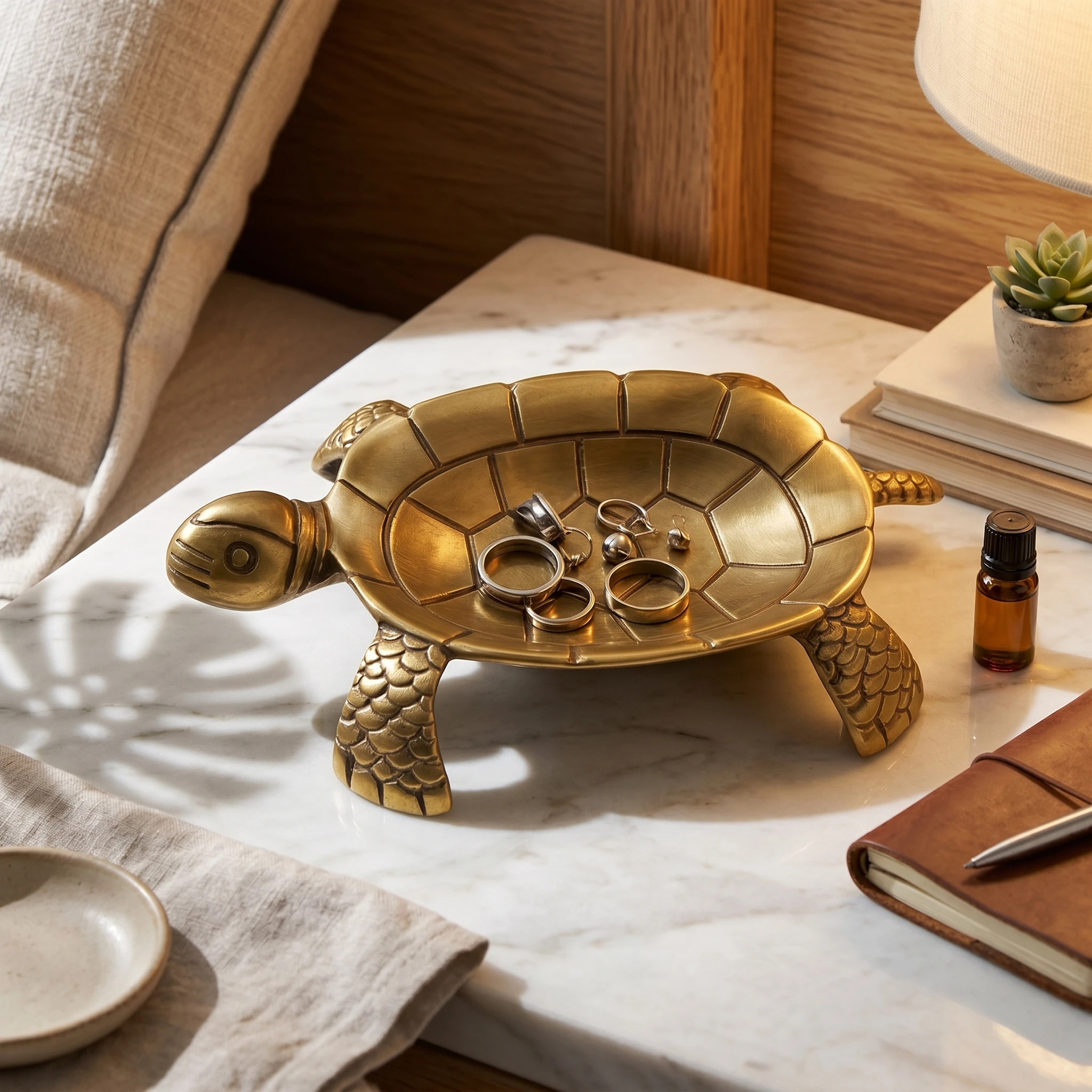 Decorative Brass Turtle Tray Hand-Carved Look Brass Turtle Tray Gold Shell Jewelry Dish Compact Size House Accent Artisanal