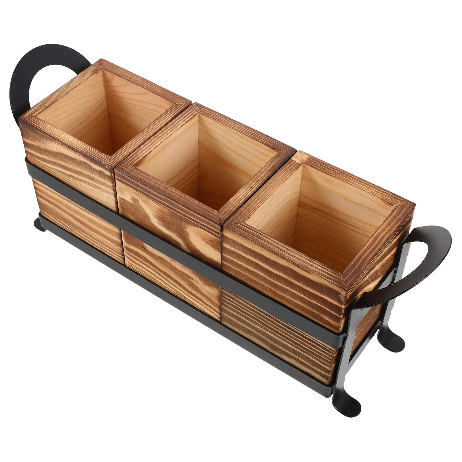 Wooden Countertop Utensil Holder Solid Wood Iron Frame Flatware Caddy Kitchen Silverware Organizer Rustic Farmhouse Table Caddy