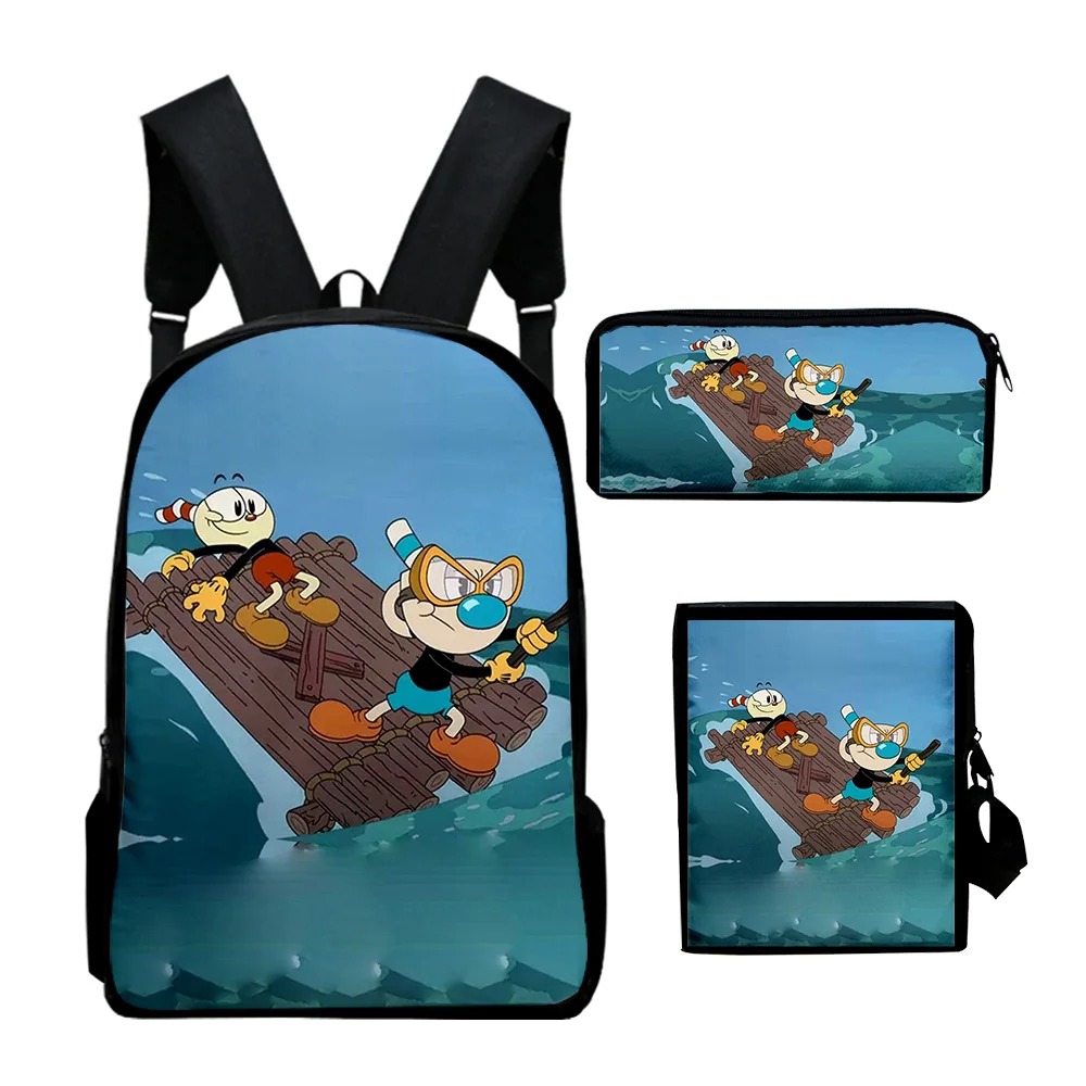 Moda The Cuphead Show Anime Impressão 3D 3 pçs/set Aluno Sacos de Escola Laptop Daypack Mochila Bolsa de Ombro Inclinado Estojo de Lápis