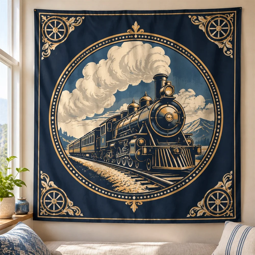 VIKAMA Steam Train Tapestry Wall Hanging, Retro Aesthetic Room Decor Wall Art Tapestries for Living Room Bedroom Office Study