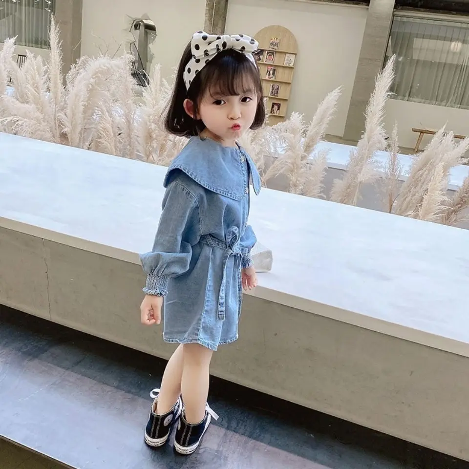 Baby Girls Denim Shirt Dress Spring and Autumn New Korean Edition Children's Mid length Top Little Girl Coat