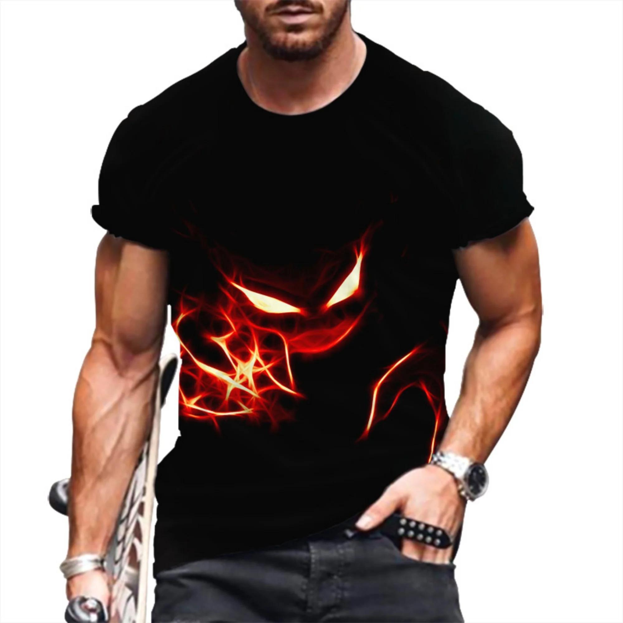 

2025 New Men's Quick-dry T-shirt Red Flame Eye Graphic Tee Black Cool Pattern Casual Daily Wear Trendy Stylish Comfortable Top