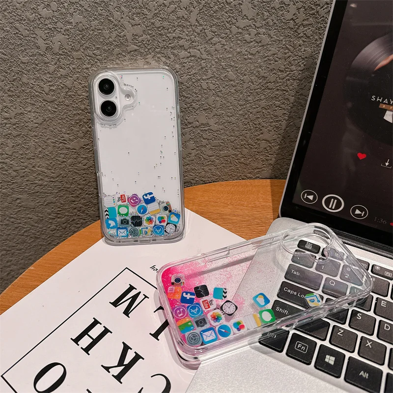 Etui na telefon z brokatem i ikoną aplikacji INS Apple do iPhone 17 16 15 14 13 12 11 Pro Max Plus, płynny piasek, błyszczące cekiny, tylna obudowa — zdjęcie produktu 4