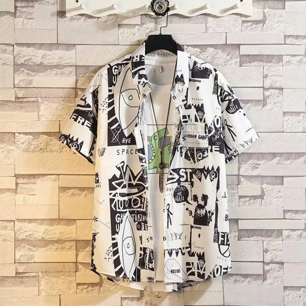 Graffiti Printed Shirt Lapel Short Sleeve Pocket Men Shirt Summer Casual Buttons Closure Beach Shirt Hawaiian Vacation Shirts