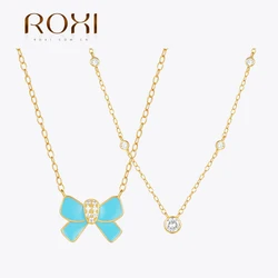 ROXI  925 Sterling silver Round Zircon/Enamel bowknot Pendant For Necklace Summer Clavicle Chain Wedding Party Fine Jewelry Gift