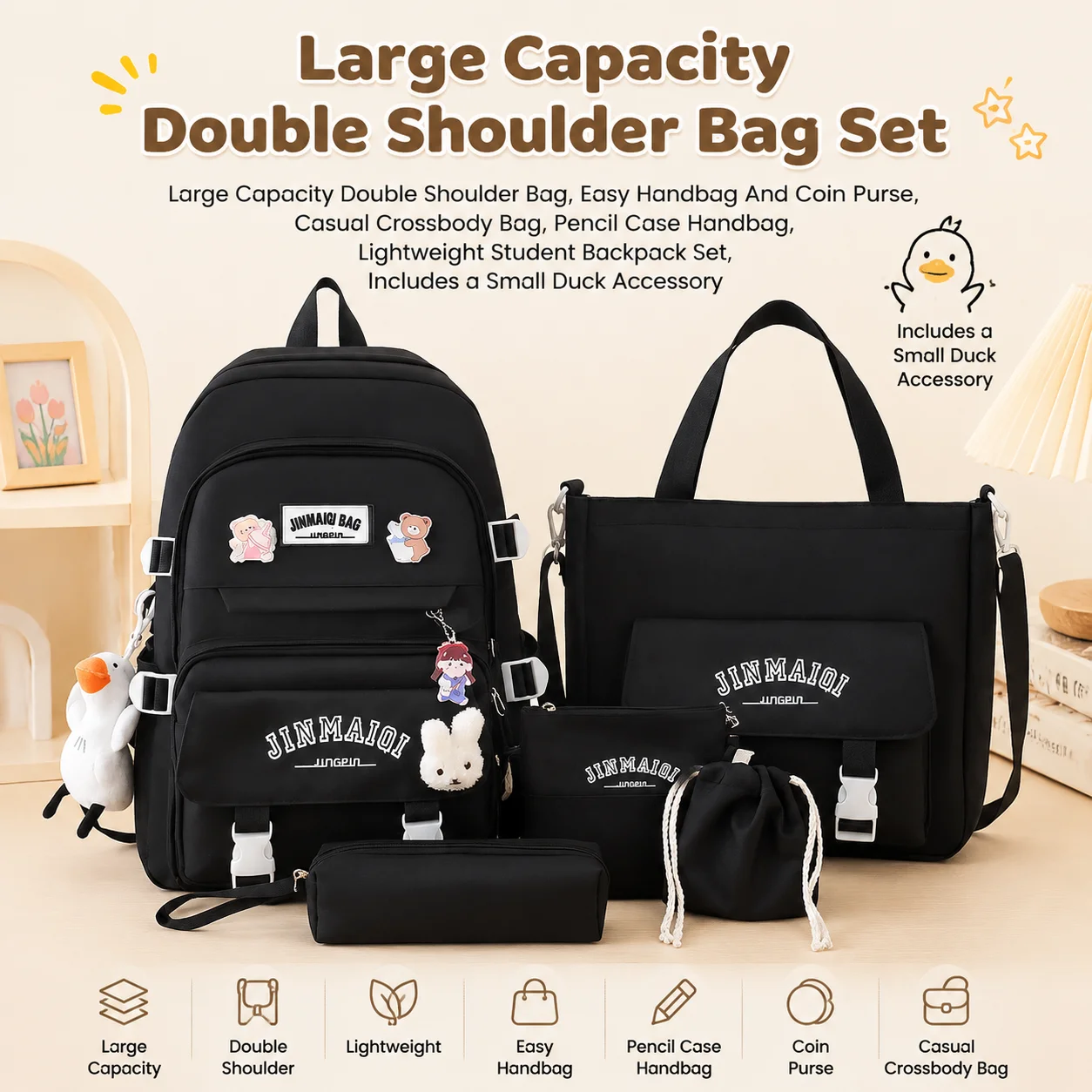 5pcs Solid Color Backpack Set  Style Korean Version Casual Harajuku Student Backpack Includes Duck Bunny Keychain for Teenager