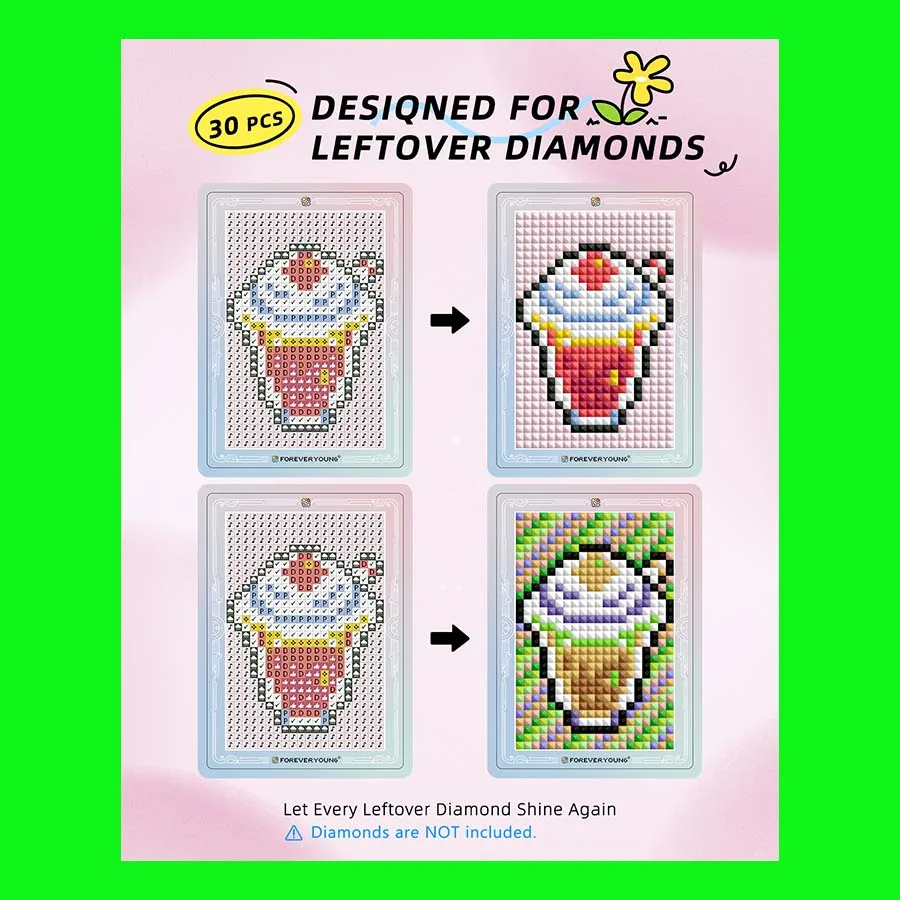 30Pcs Cute Daily Pattern Mini Diamond Art Cards, 3-Inch Template Cards Fit 2.8mm Round Diamonds,Drill DIY Collectible Cards