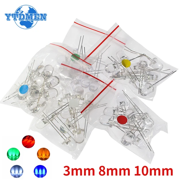 50 sztuk/100 sztuk dioda LED 3mm 8mm 10mm przezroczyste jasne wielokolorowe diody elektroluminescencyjne zestaw 5 kolorów czerwony/zielony/niebieski/żółty/biały