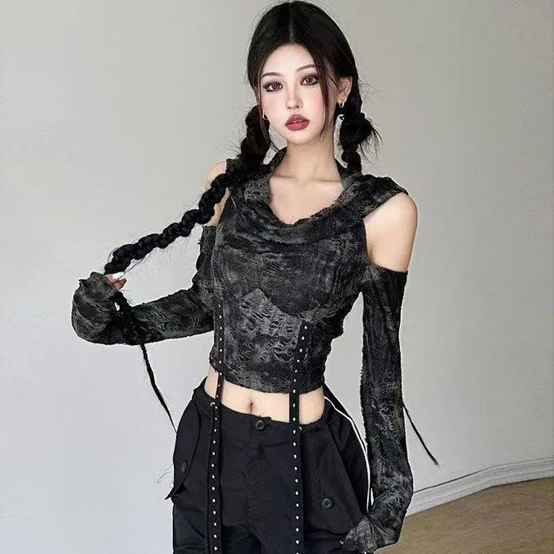 

New Pure Desire Spice Girl Design Sense Shoulder Slim Hooded Long Sleeve T-Shirt Female Temperament Versatile Black Top Fashion