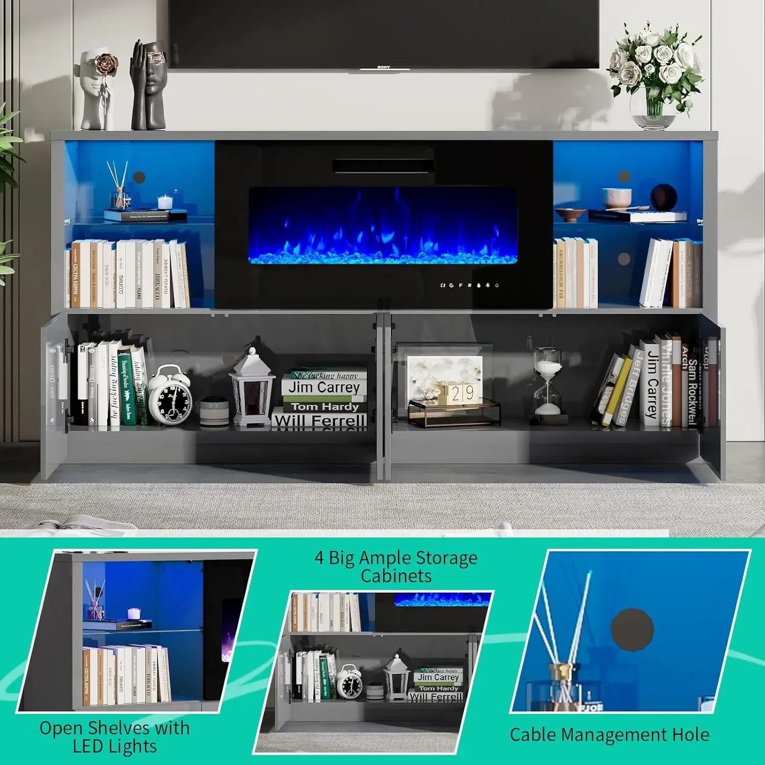 68" Modern Fireplace TV Stand for TVs up to 75", High Gloss Entertainment Center with 40" Fireplace, 4 Shelves &Storage Cabinets