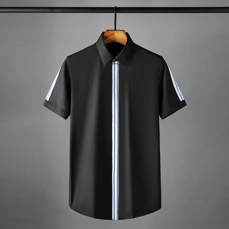 New Blue Stripe Splicing Male Shirts Luxury Short Sleeve Streetwear Mens Dress Shirts Summer Slim Fit Party Man Shirts 4XL