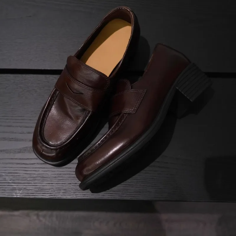 New Genuine Leather Retro Mid Heel Pumps Women's Leather Shoes High Heels Casual Dress Leather Shoes Female Oxfords