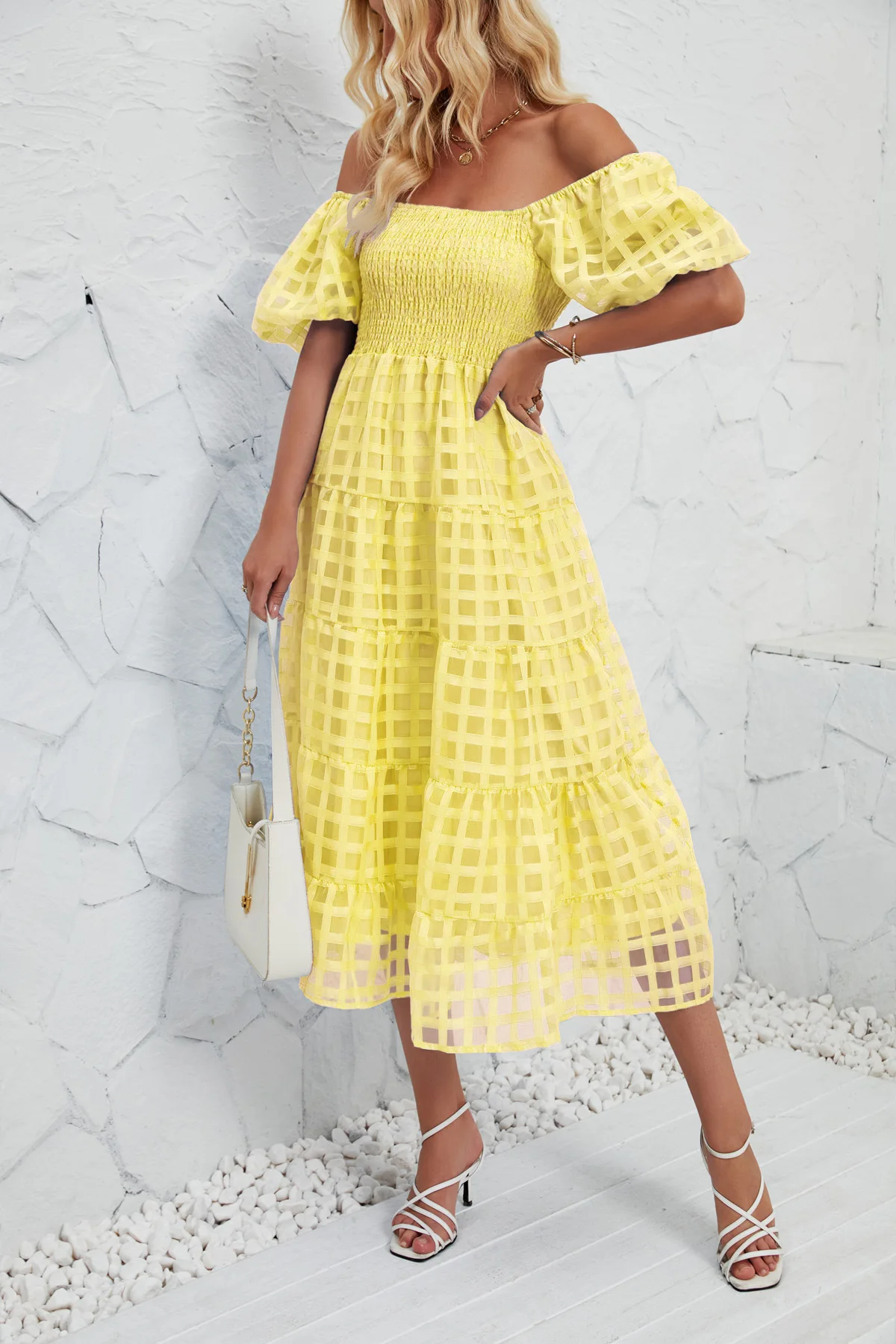 2025 verão feminino vestido longo bolha manga curta flutuante em camadas praia saia evasê