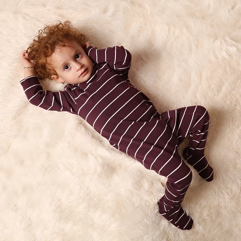 0M-14y AA-Baby Boy Girl Striped Pajama Set Fall Winter Kids Cotton Ribbed Sleepwear Sibling Matching Nightwear Footed Romper