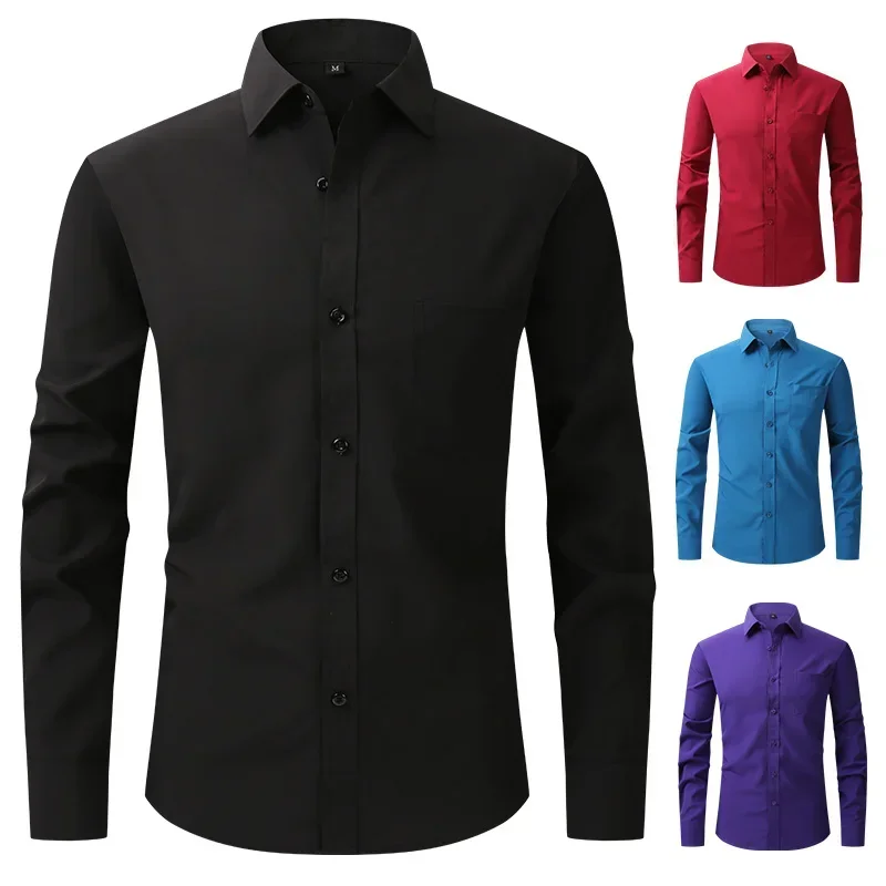 USA size casual long-sleeve shirts for men elastic white black shirt soft designer tops fashion solid color green Pink clothes