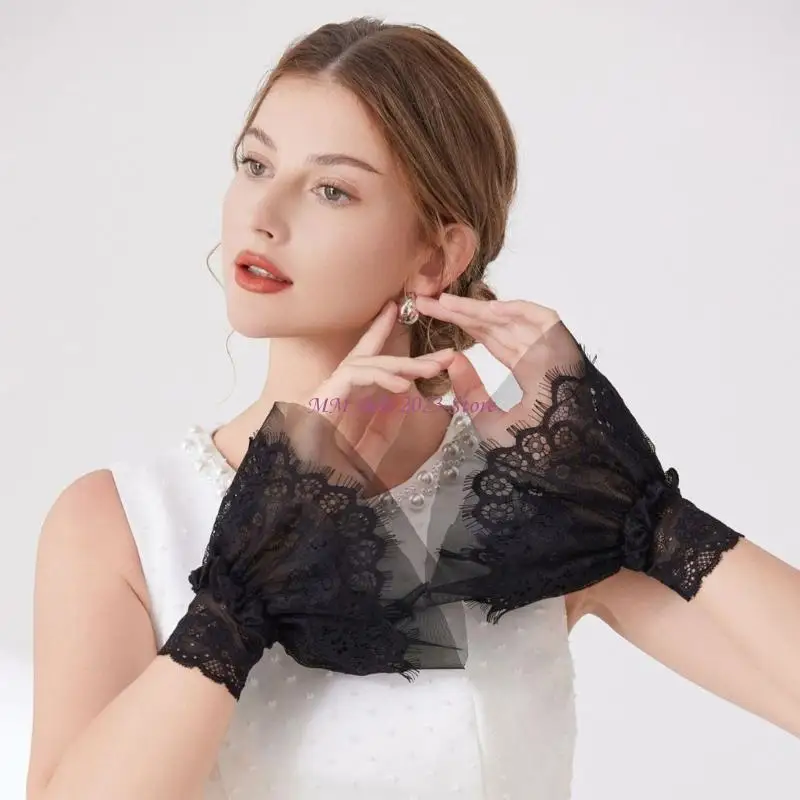 49ME Decorative Faux Sleeves Black Lace Accessory, Sheer Mesh Detachable Cuffs for Styling Tops, Photo Styling Looks