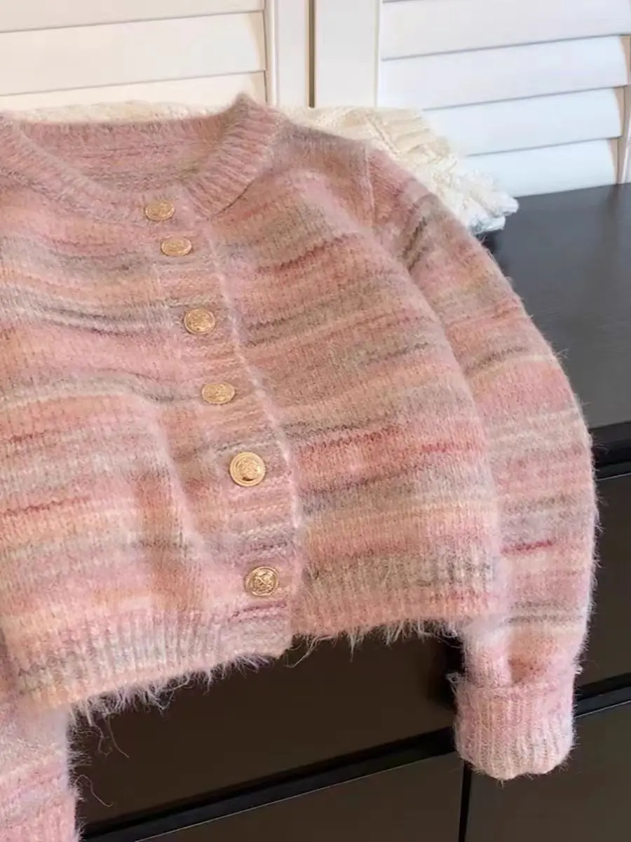 Dolce ragazza moda nuovo autunno inverno rosa a righe Mohair Cardigan lavorato a maglia per le donne collo tondo monopetto maglione cappotti